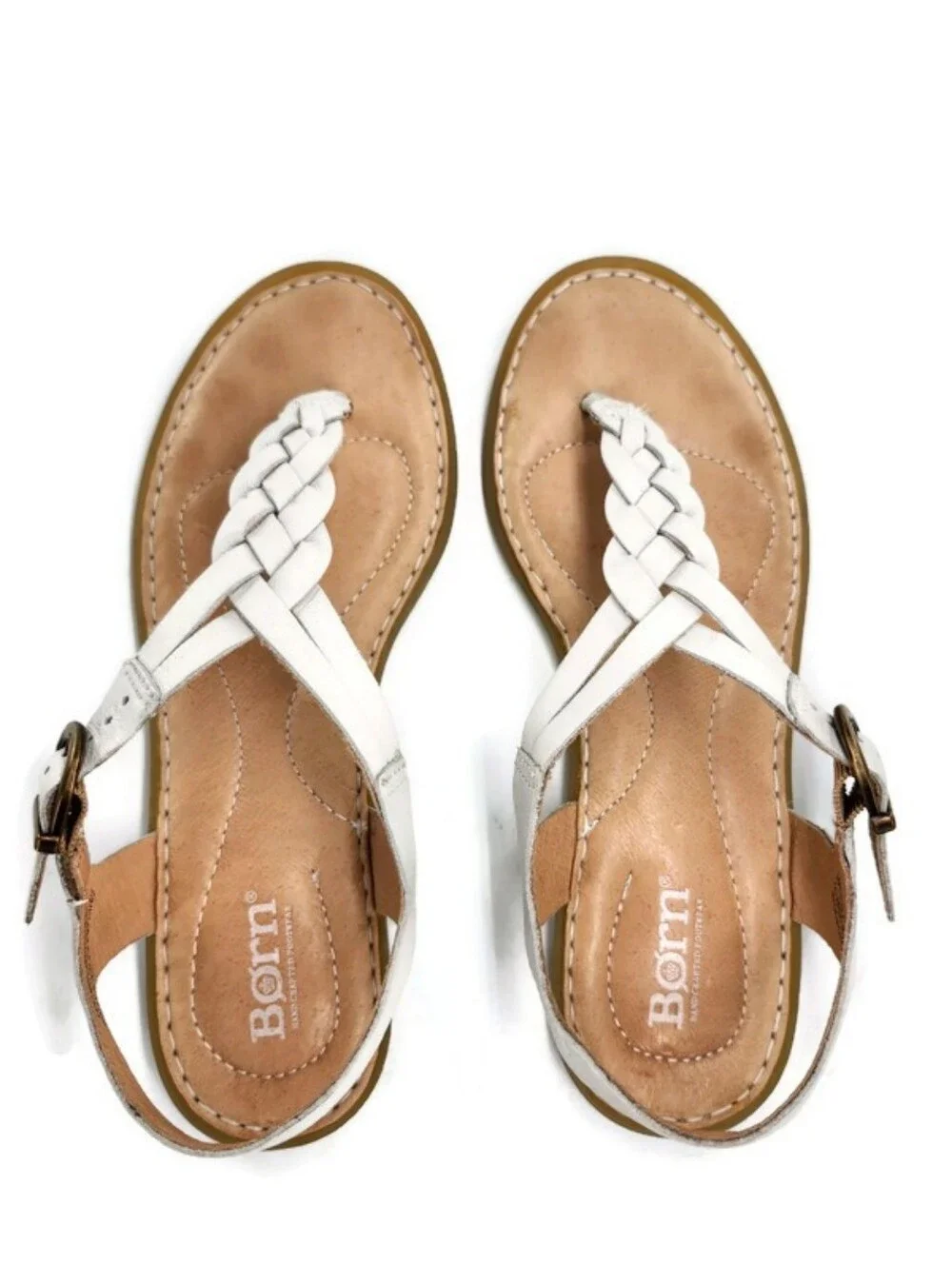 Born Lake White Leather Braided T-Strap T-Post Slingback Buckle Flat Sandals